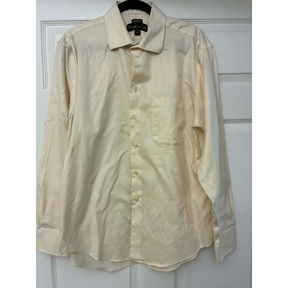 Pronto Uomo Mens 17 34/35 Cream‎ Non Iron Dress Shirt Cotton Button Down